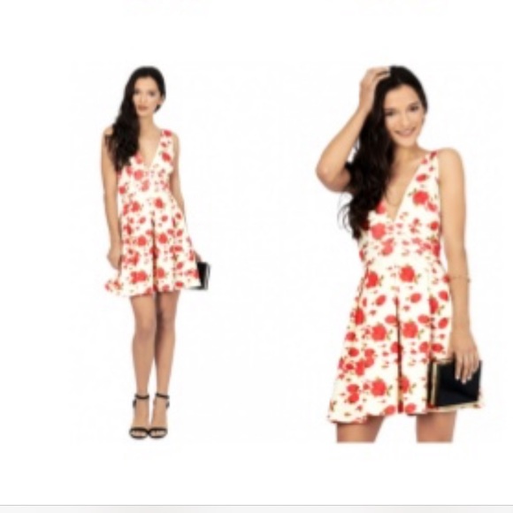 🆕 TWIN SISTER Plunge Neck Skater Dress Floral Red - Picture 1 of 8